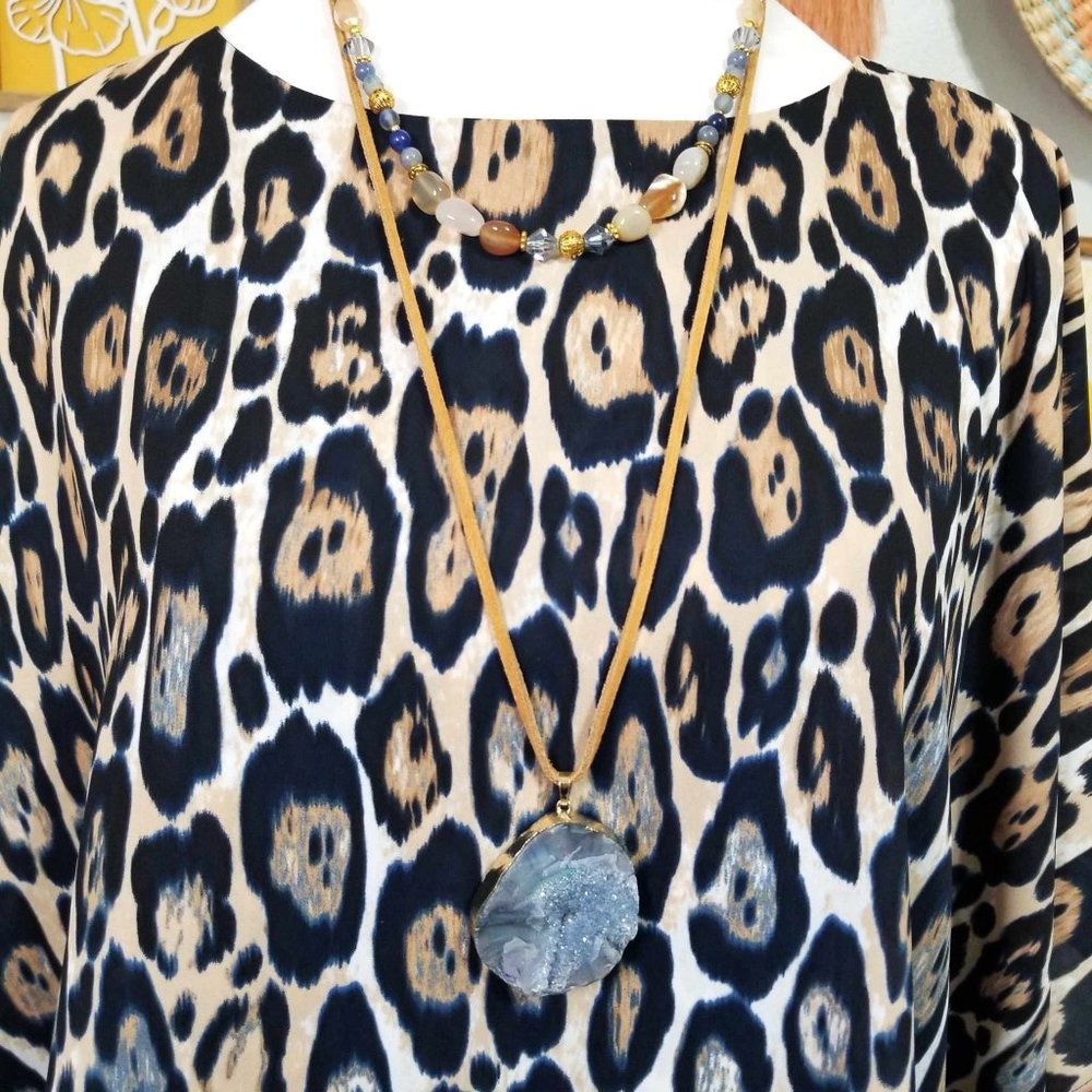 Top, Blouse. Blue, Tan, White, Animal Print. Chico's Brand. Size 0. - Picture 7 of 14